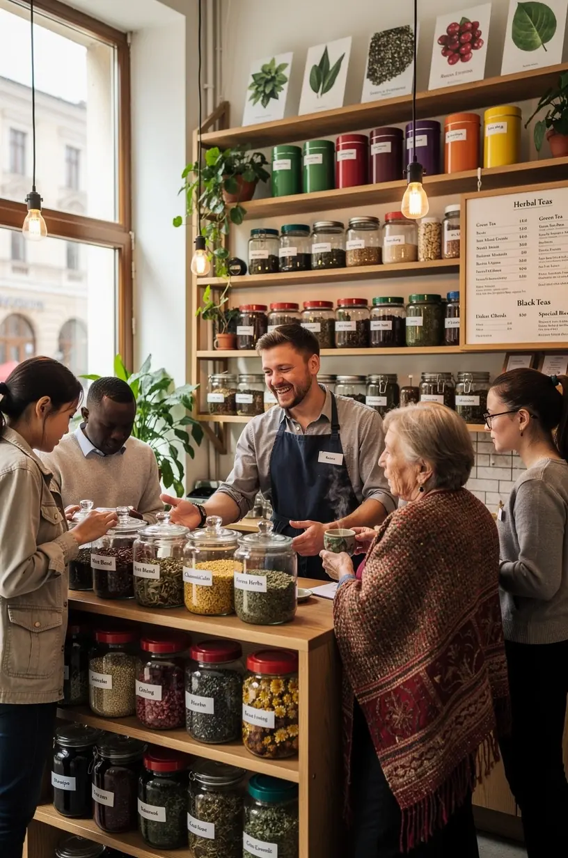 Arbatos paruošimo procesas su užplikymo instrukcijų knygute, suteikiantis praktinių patarimų vartotojui