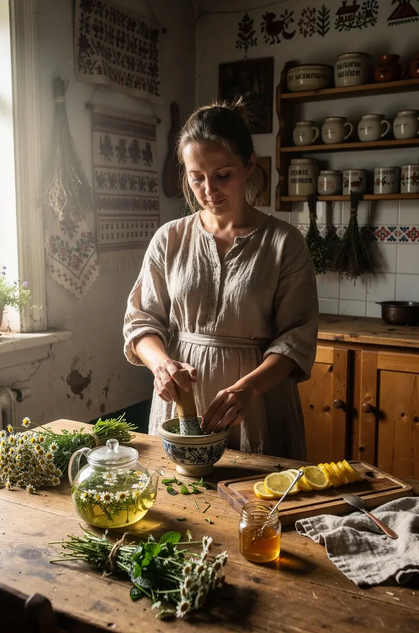 Arbatos puodelis su šviežiomis žolelėmis ir laikrodis, simbolizuojantis tinkamą paruošimo laiką kasdieniam komfortui.